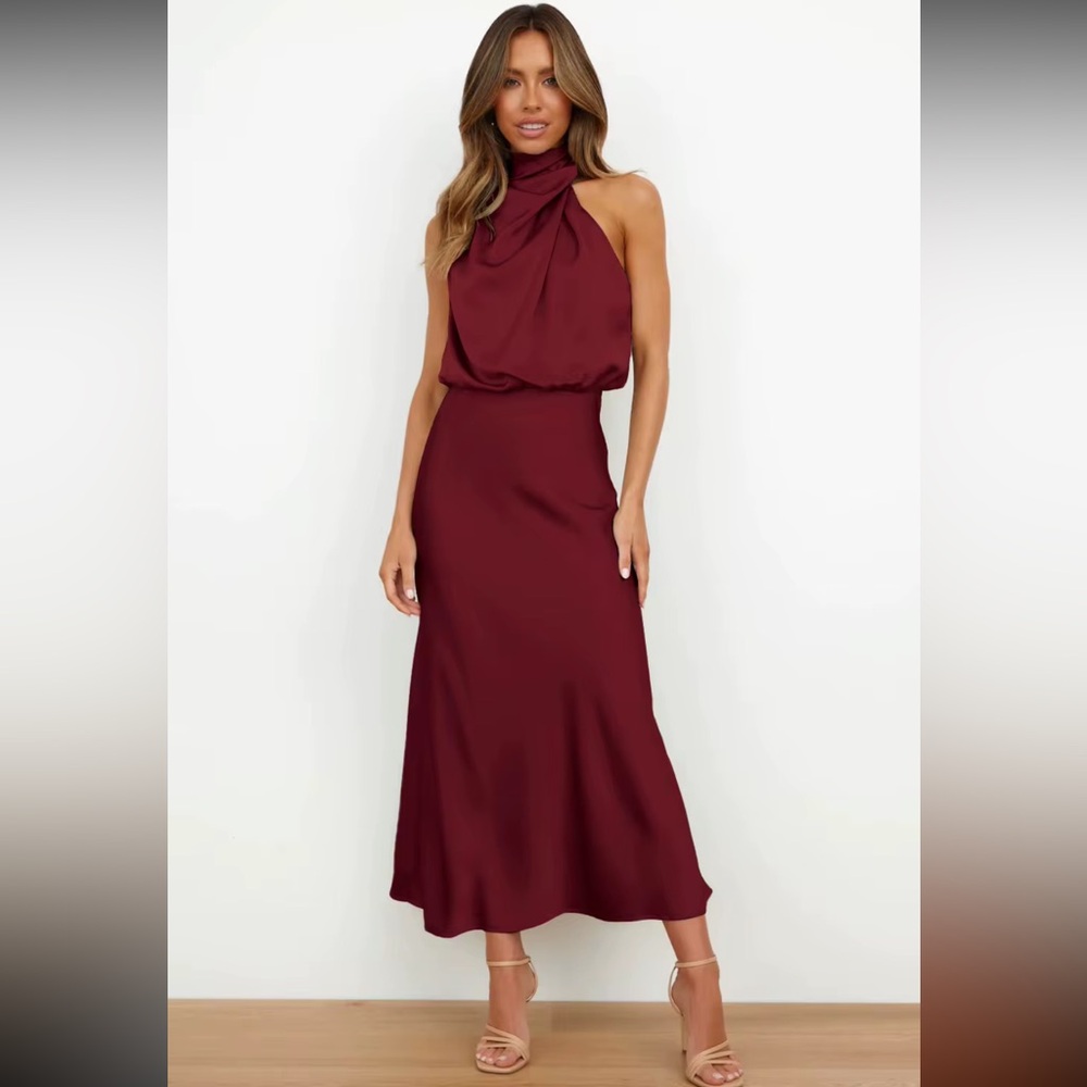 Elegant Burgundy Halter Maxi Dress